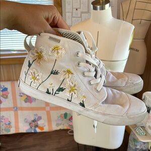 White Floral Embroidered High-Top BANGS Sneakers